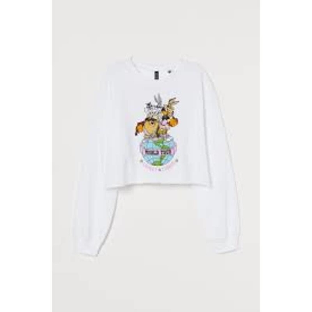 H&M size XS Loony toons white crew neck long sleeve cut off cropped t shirt tee